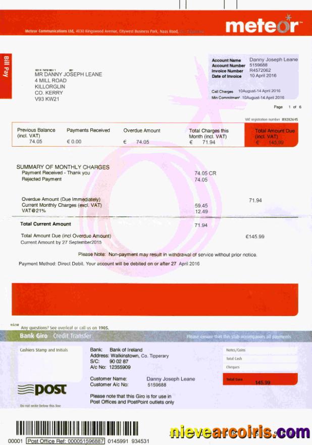 Ireland Meteor utility bill